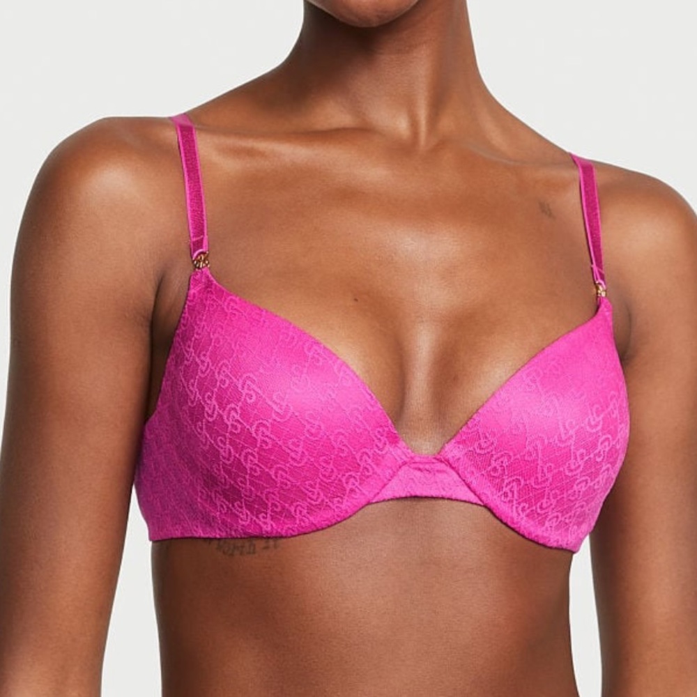 NWT VERY SEXY Icon by Victoria's Secret Push-Up Demi Bra LogoLace Fuchsia Frenzy